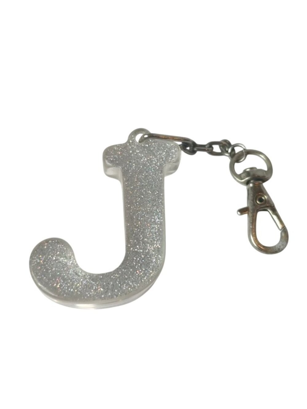 Girls Glitter Initial J Keychain Charm Silver Hook Chain Attach Bags Backpack